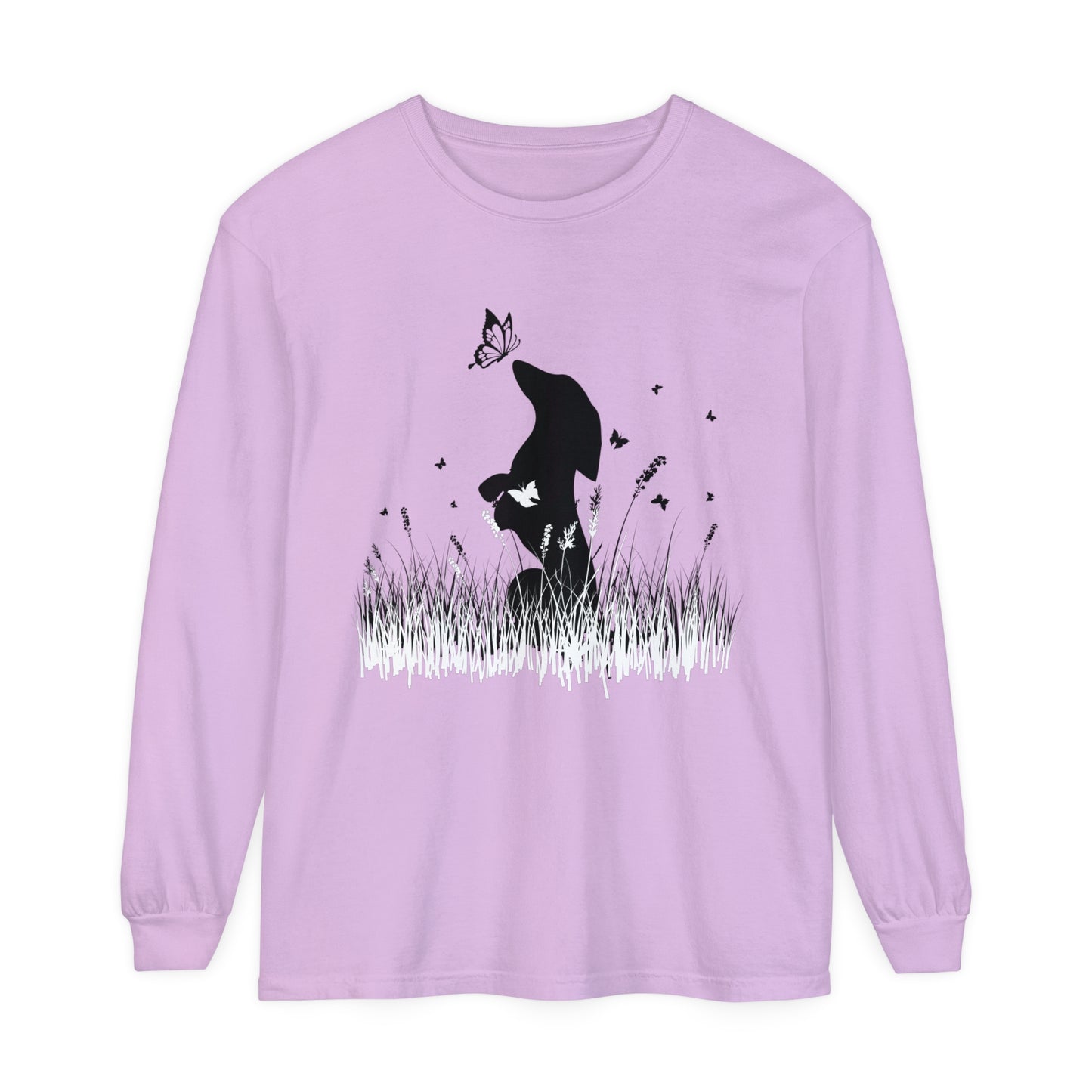 Dachshund in the Meadow: Butterfly Dreams Long Sleeve Comfort Colors Tee