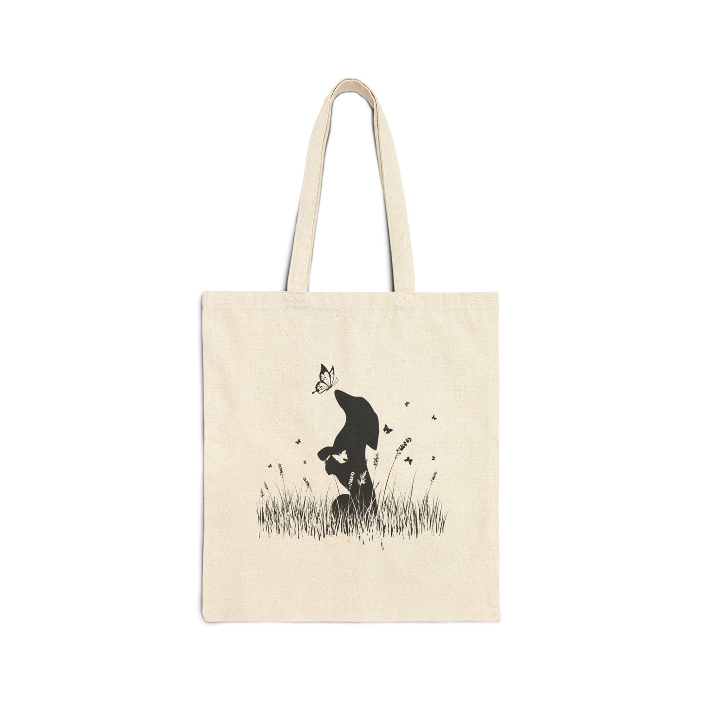 Dachshund in the Meadow: Butterfly Bliss - Cotton Canvas Tote Bag