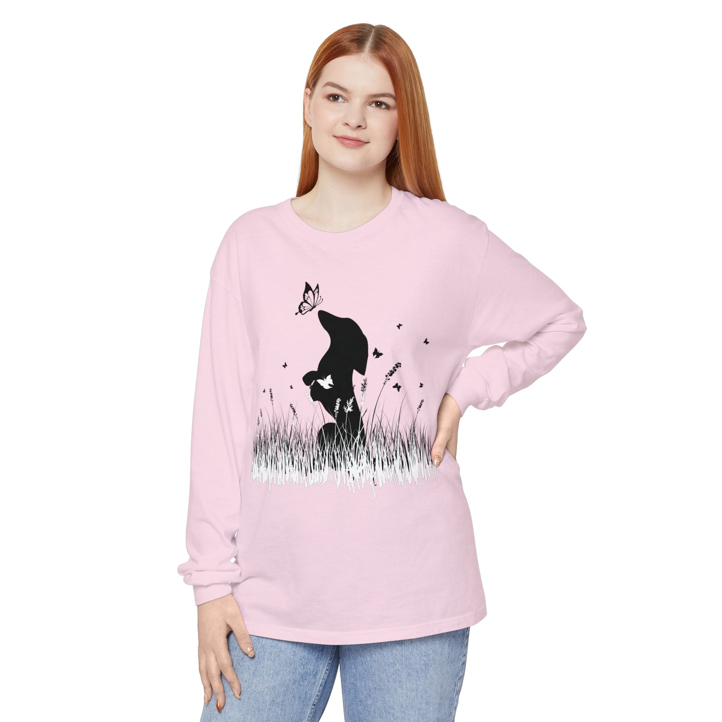 Dachshund in the Meadow: Butterfly Dreams Long Sleeve Comfort Colors Tee