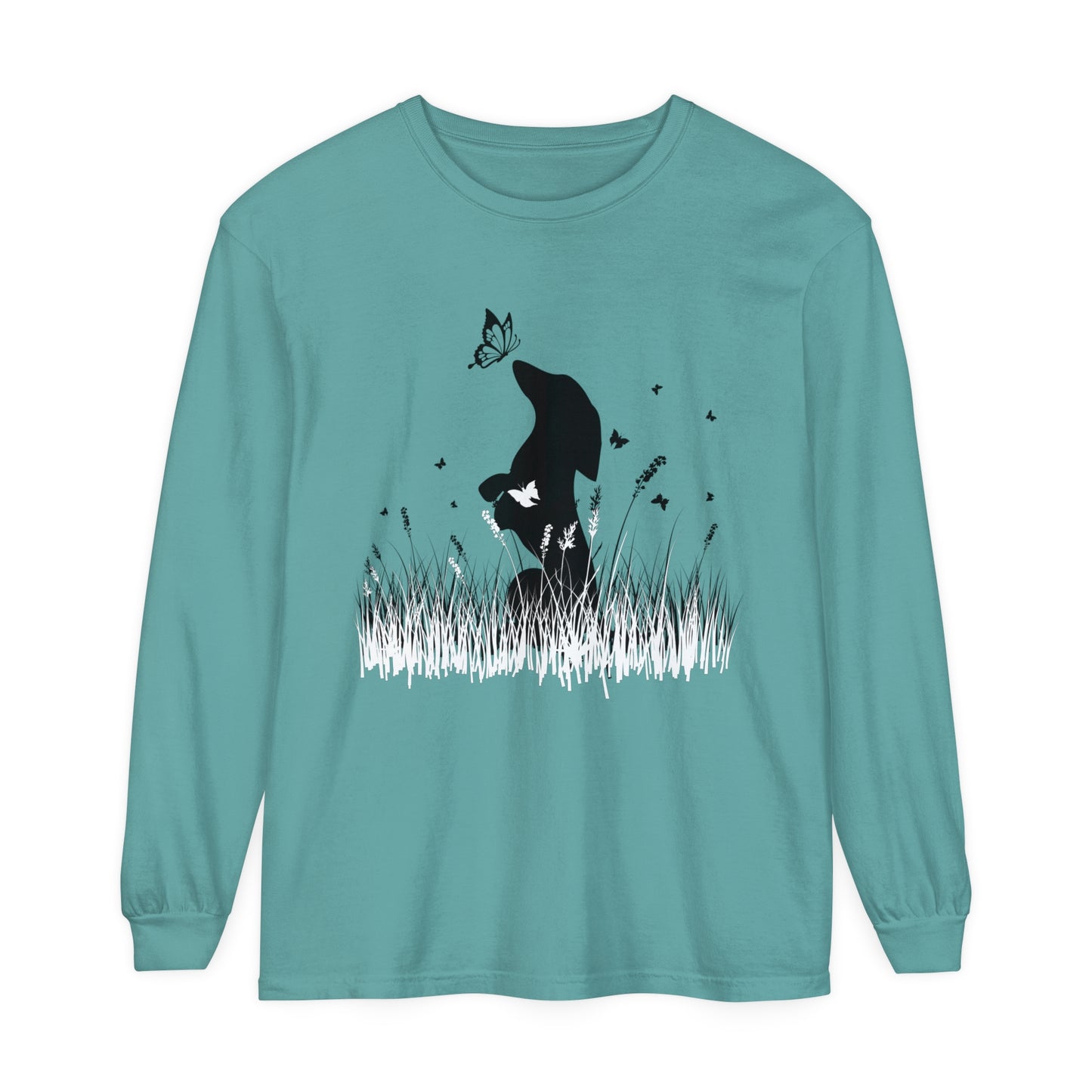 Dachshund in the Meadow: Butterfly Dreams Long Sleeve Comfort Colors Tee