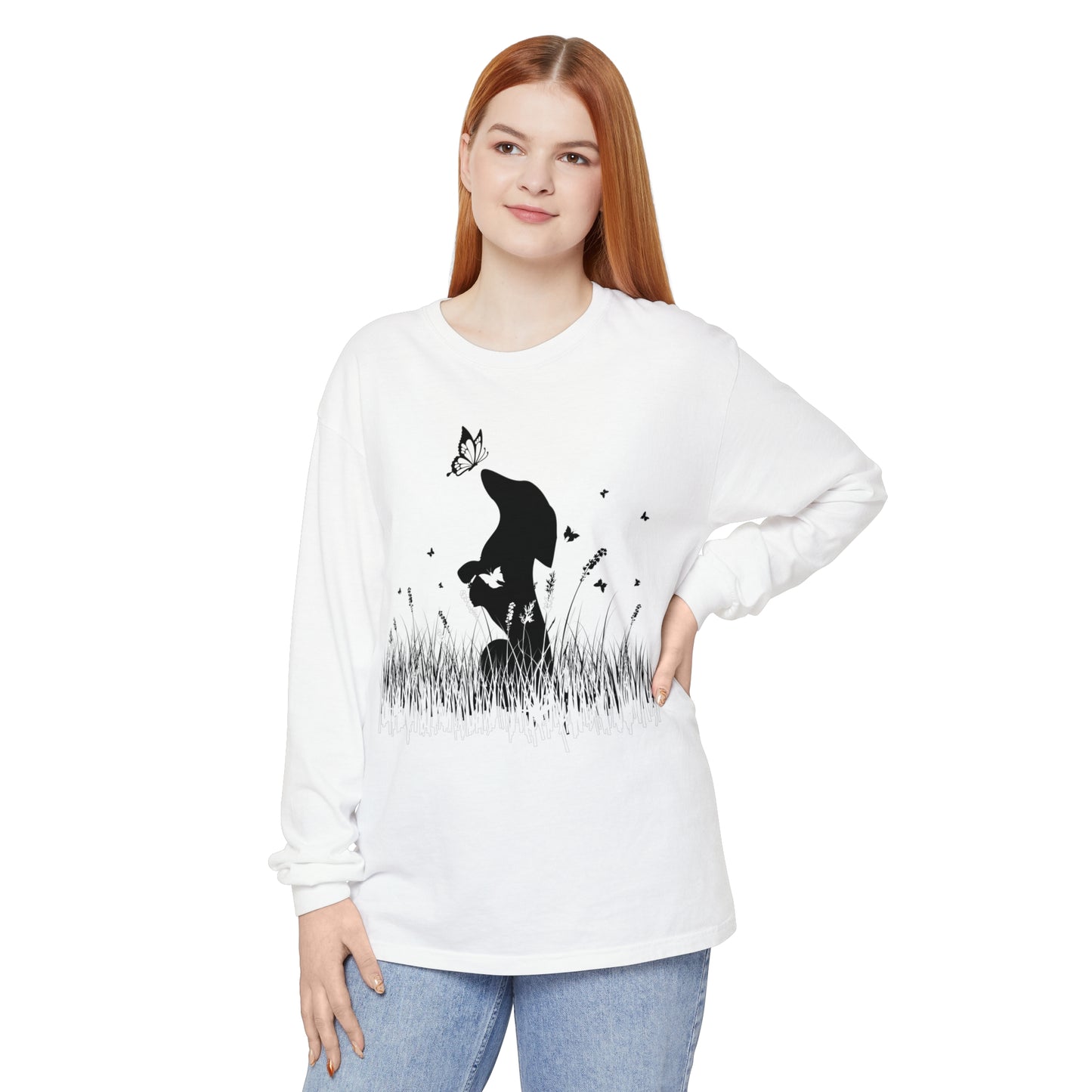 Dachshund in the Meadow: Butterfly Dreams Long Sleeve Comfort Colors Tee