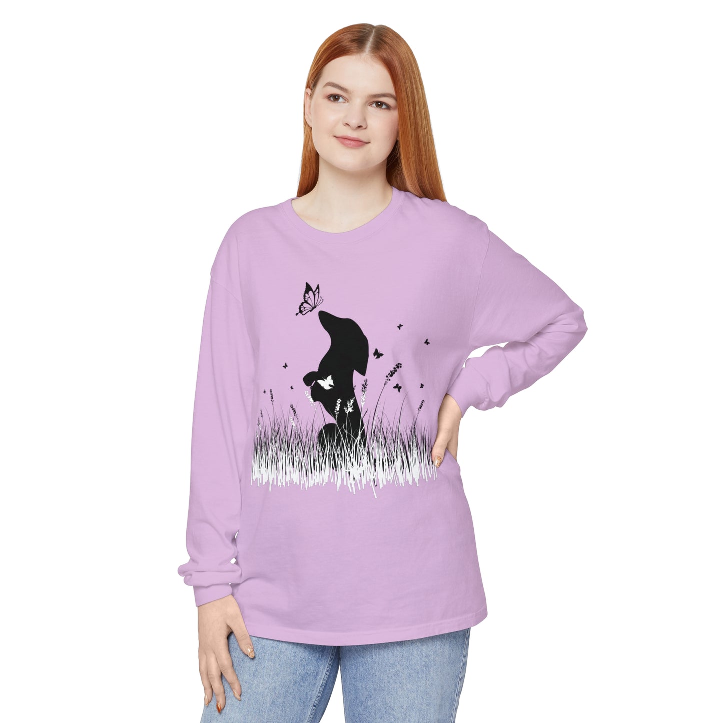 Dachshund in the Meadow: Butterfly Dreams Long Sleeve Comfort Colors Tee