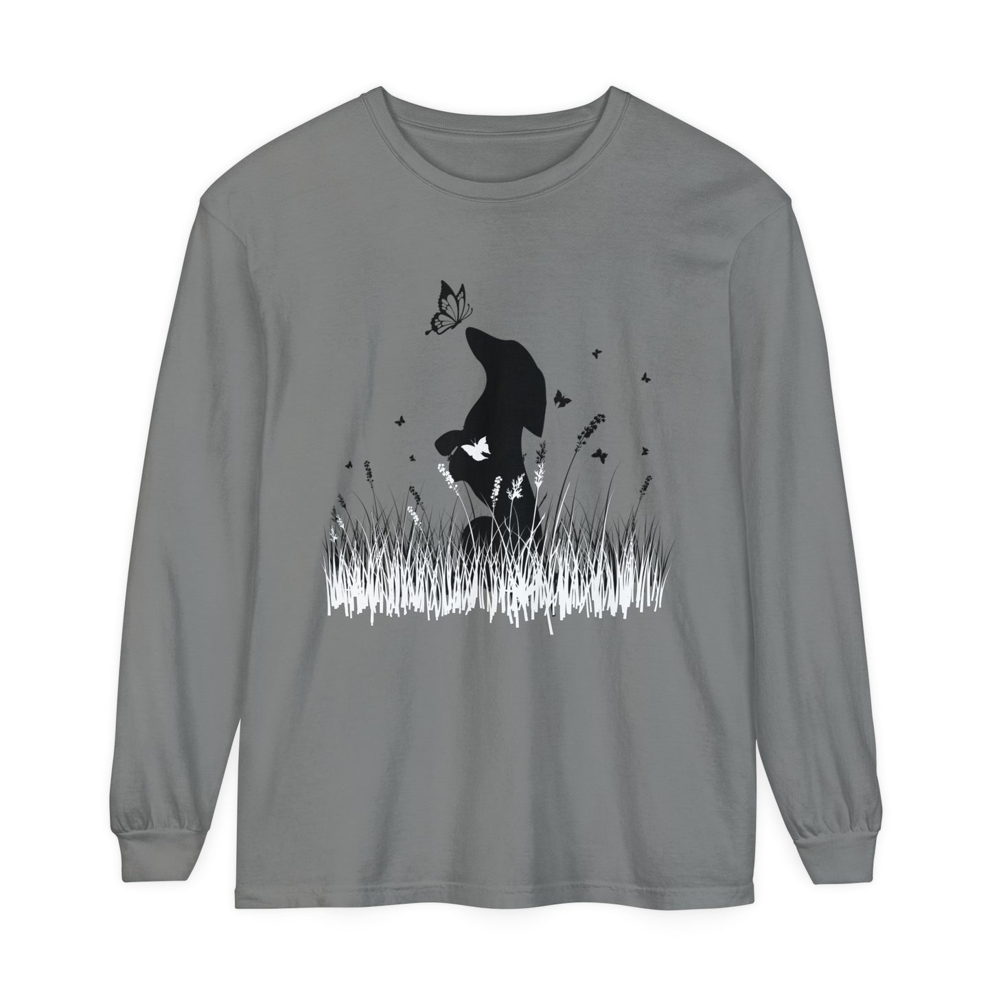 Dachshund in the Meadow: Butterfly Dreams Long Sleeve Comfort Colors Tee