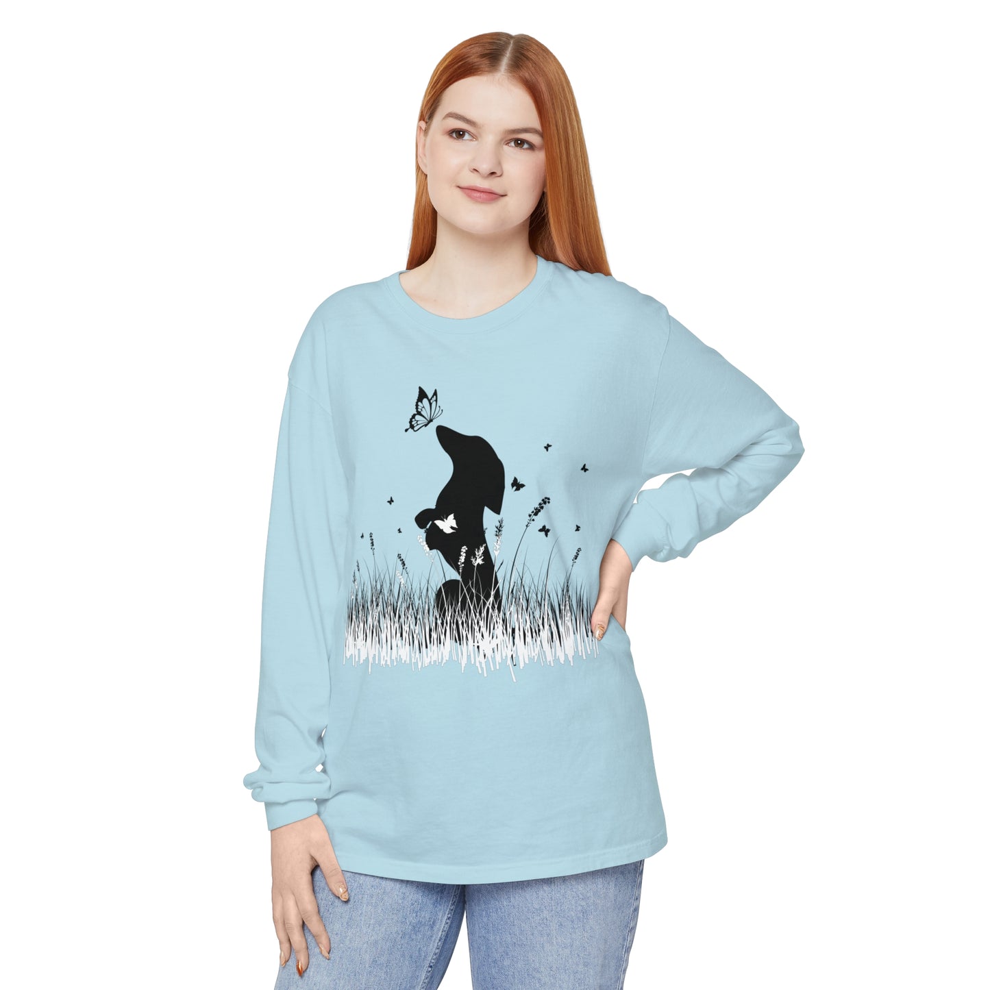 Dachshund in the Meadow: Butterfly Dreams Long Sleeve Comfort Colors Tee