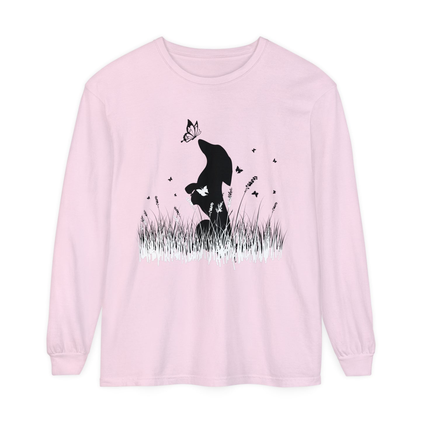 Dachshund in the Meadow: Butterfly Dreams Long Sleeve Comfort Colors Tee