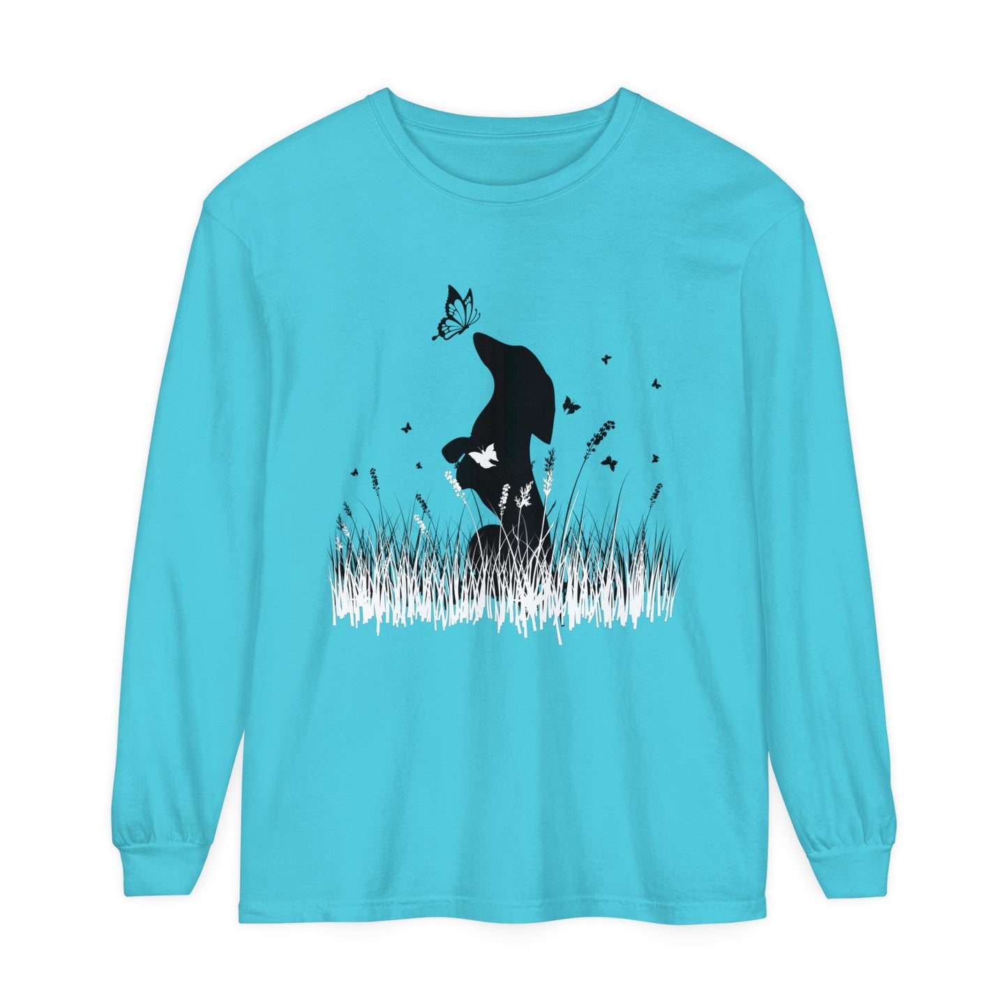 Dachshund in the Meadow: Butterfly Dreams Long Sleeve Comfort Colors Tee