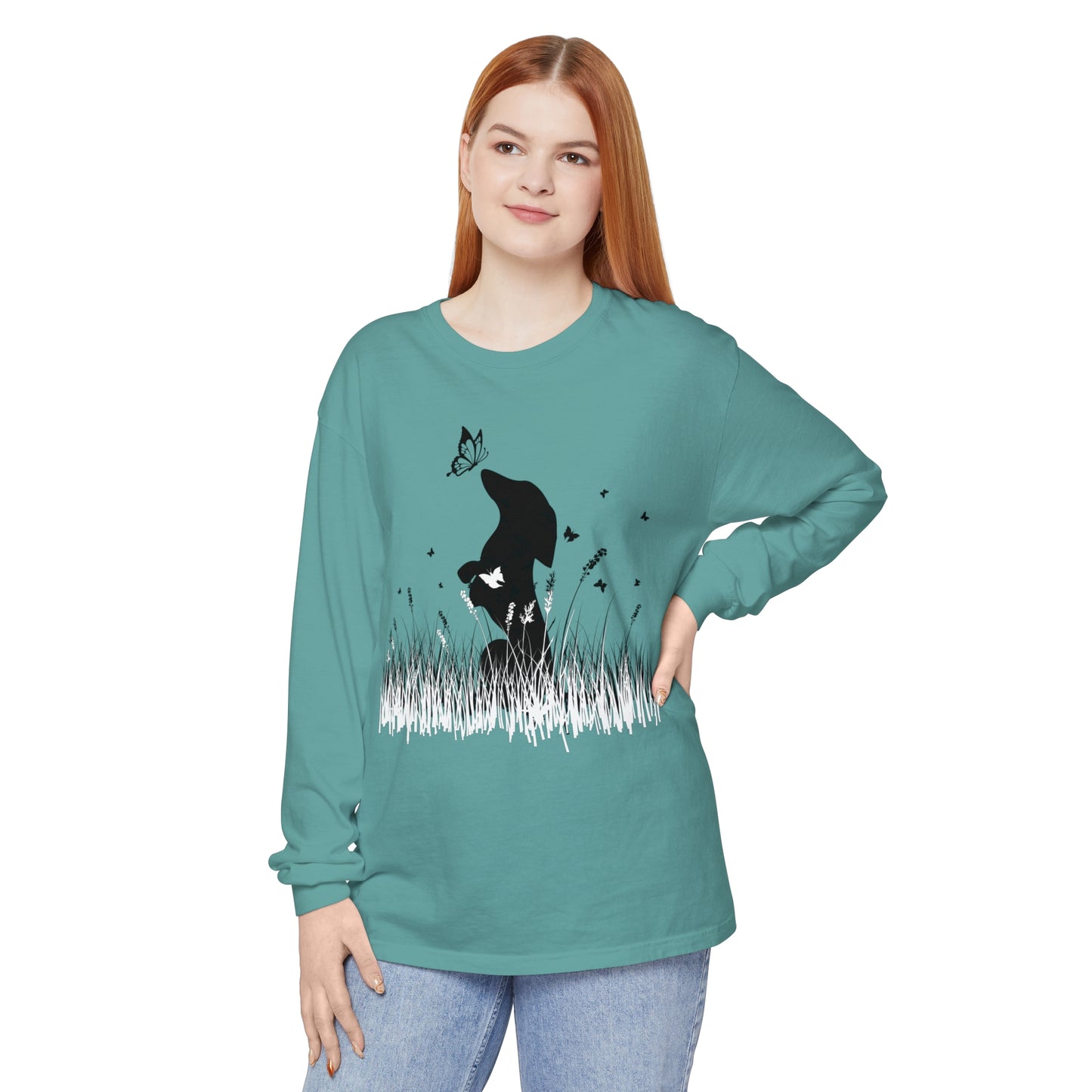 Dachshund in the Meadow: Butterfly Dreams Long Sleeve Comfort Colors Tee