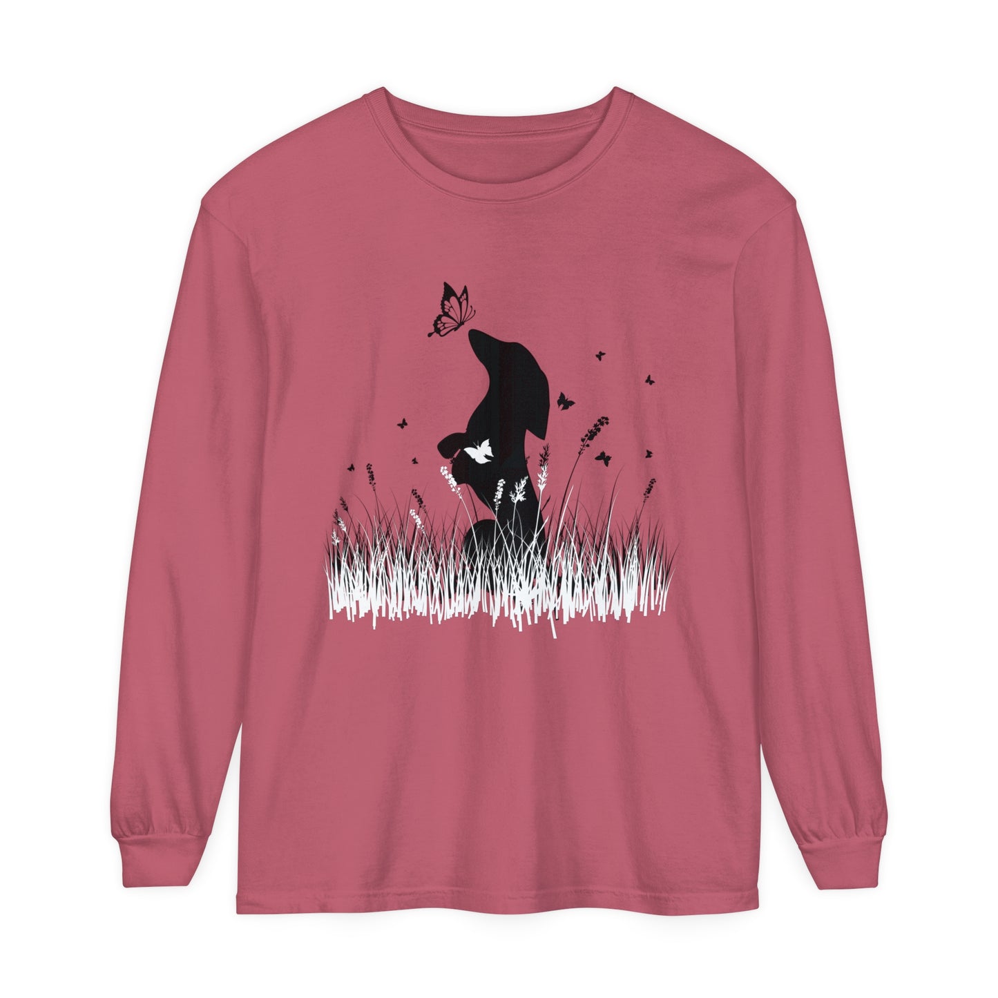 Dachshund in the Meadow: Butterfly Dreams Long Sleeve Comfort Colors Tee