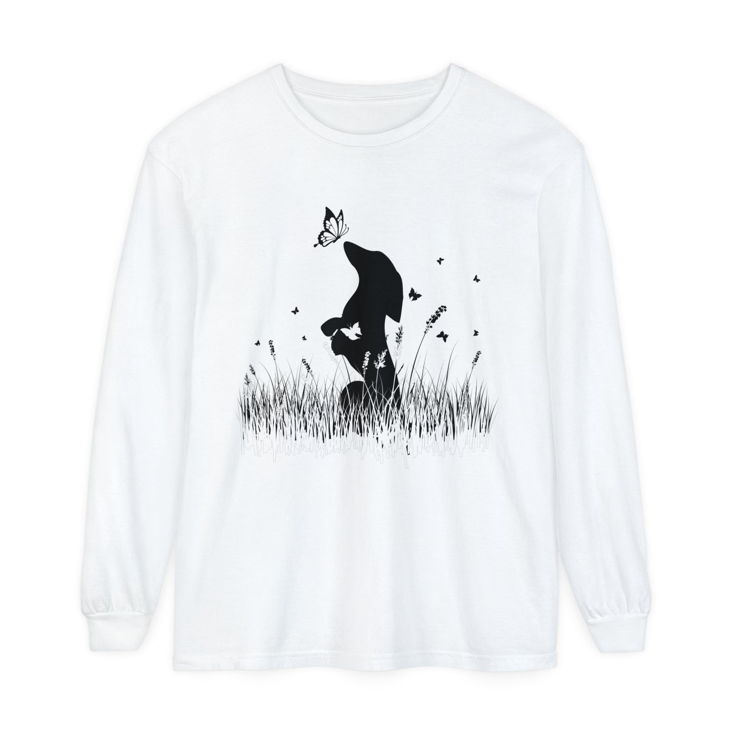 Dachshund in the Meadow: Butterfly Dreams Long Sleeve Comfort Colors Tee