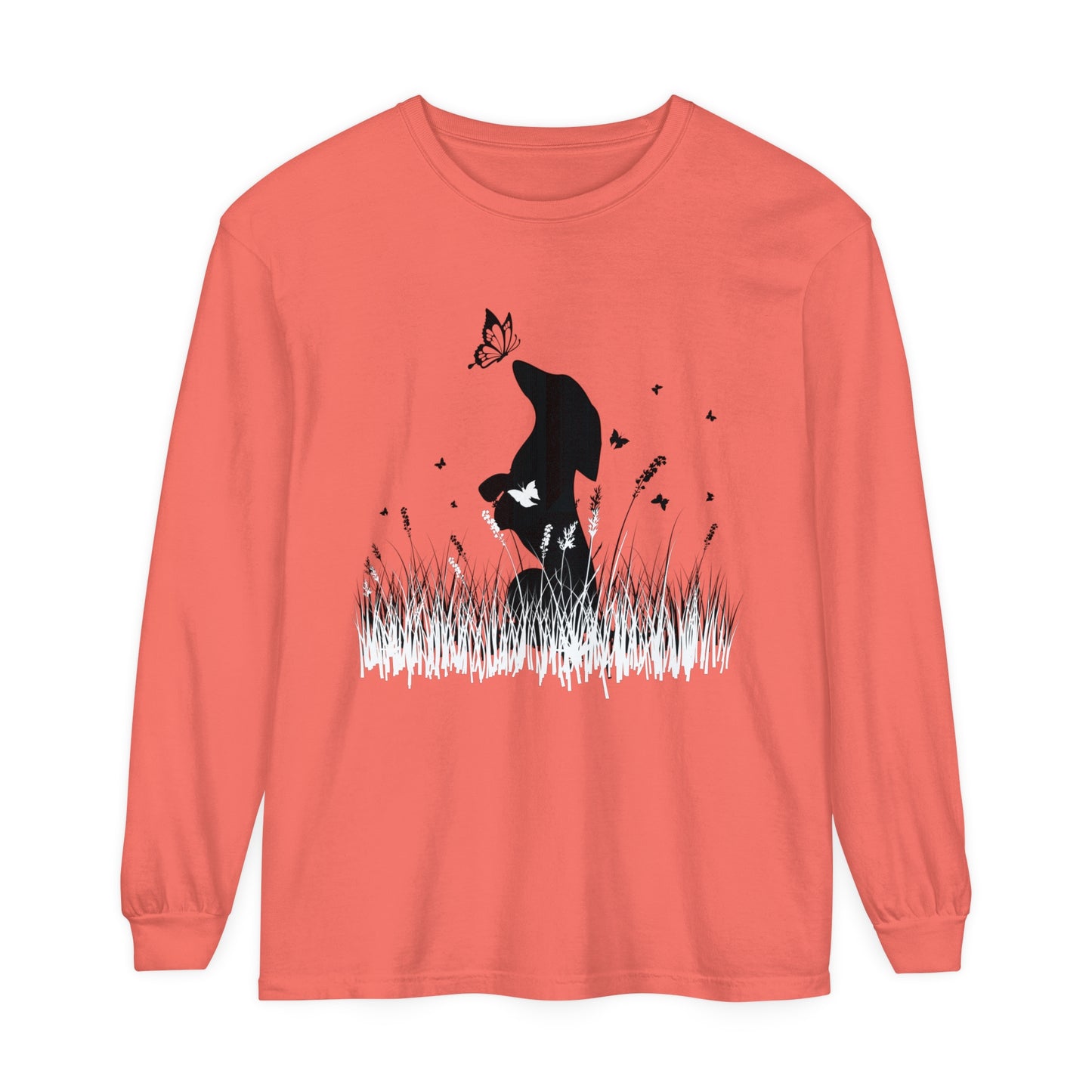 Dachshund in the Meadow: Butterfly Dreams Long Sleeve Comfort Colors Tee