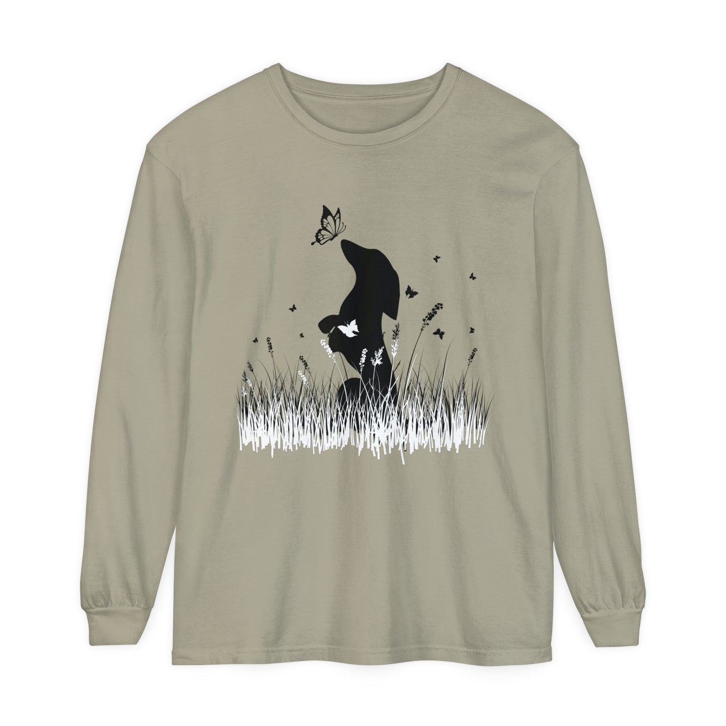 Dachshund in the Meadow: Butterfly Dreams Long Sleeve Comfort Colors Tee