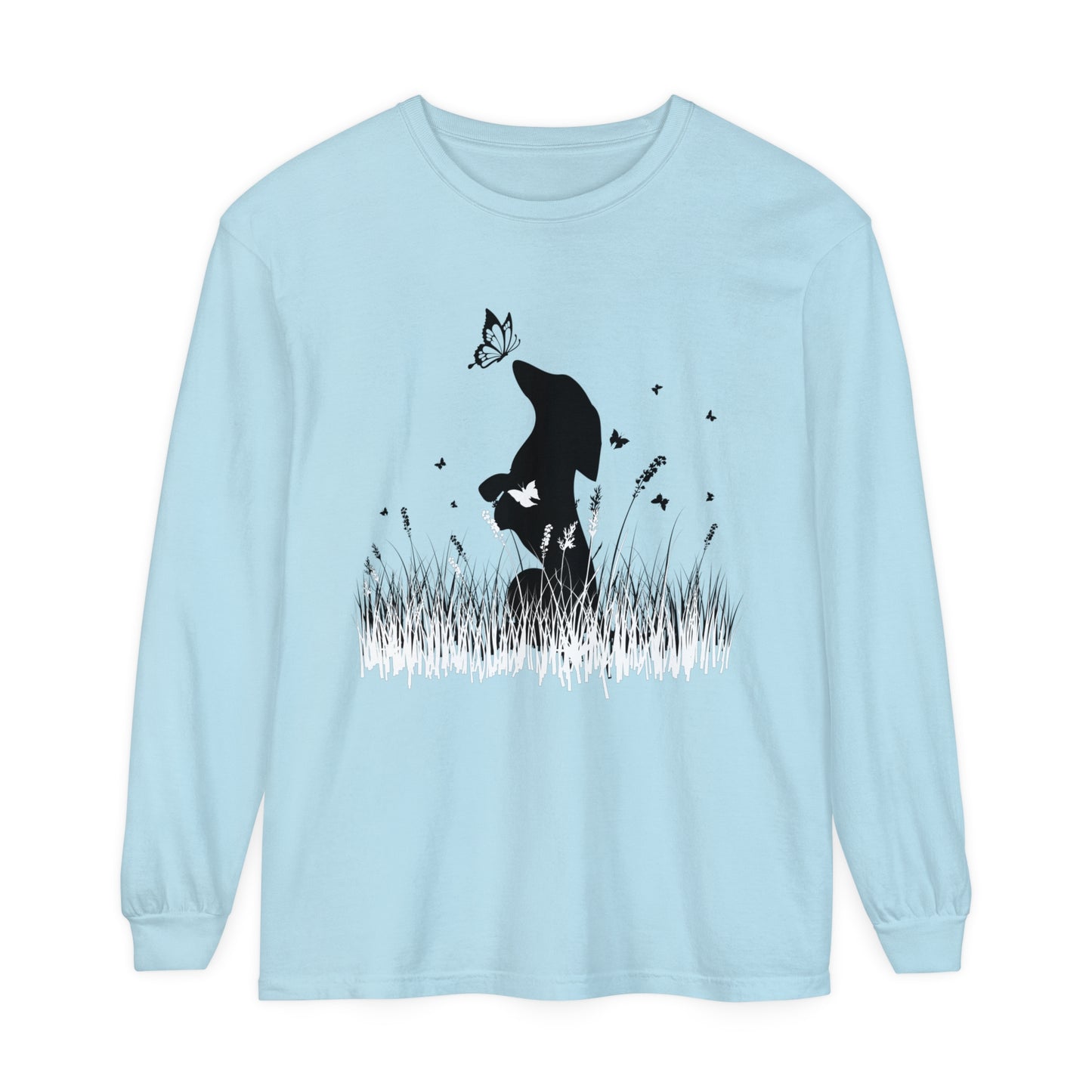 Dachshund in the Meadow: Butterfly Dreams Long Sleeve Comfort Colors Tee