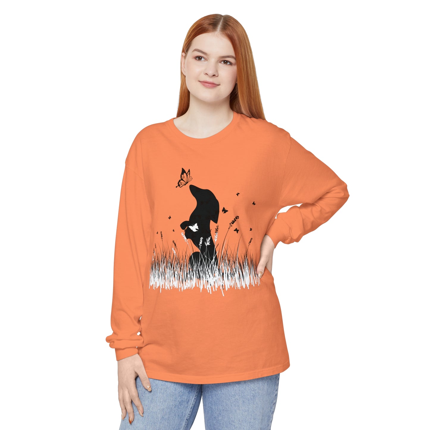 Dachshund in the Meadow: Butterfly Dreams Long Sleeve Comfort Colors Tee