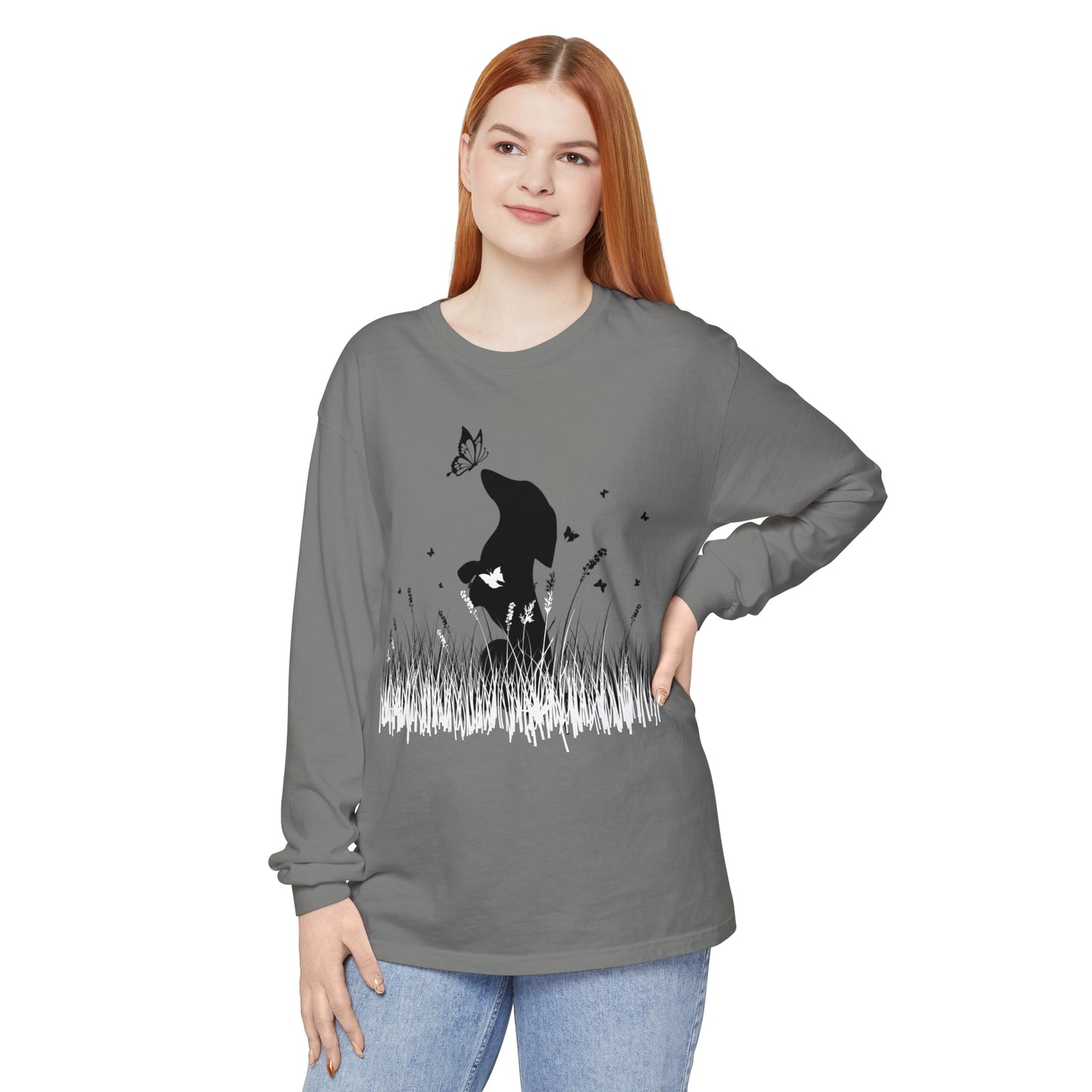 Dachshund in the Meadow: Butterfly Dreams Long Sleeve Comfort Colors Tee