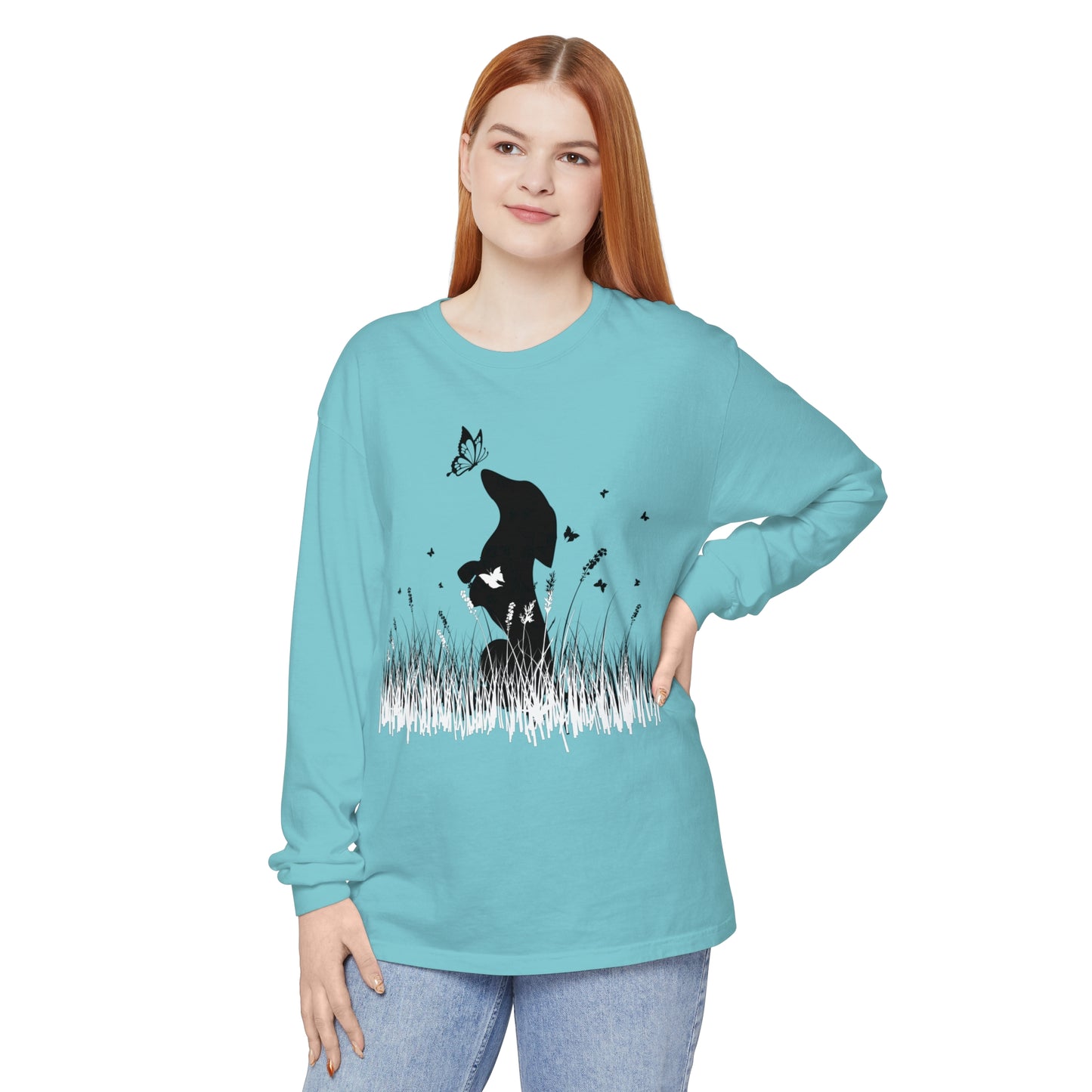 Dachshund in the Meadow: Butterfly Dreams Long Sleeve Comfort Colors Tee