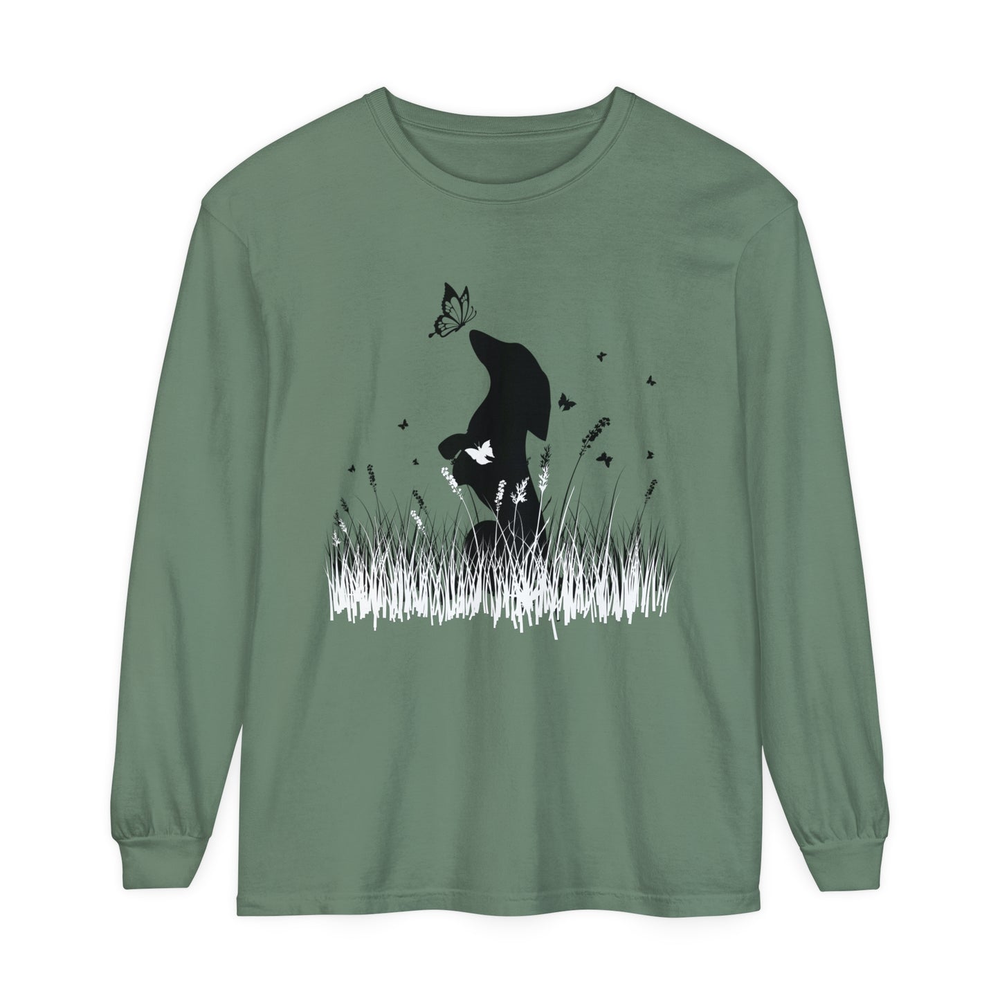 Dachshund in the Meadow: Butterfly Dreams Long Sleeve Comfort Colors Tee