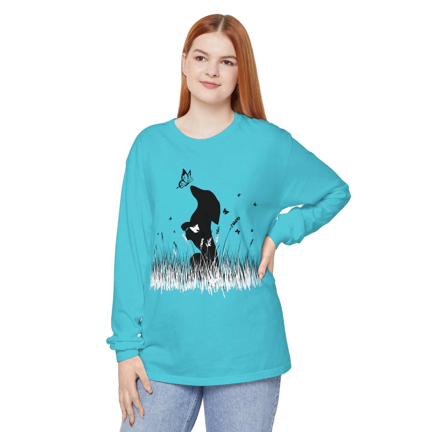 Dachshund in the Meadow: Butterfly Dreams Long Sleeve Comfort Colors Tee